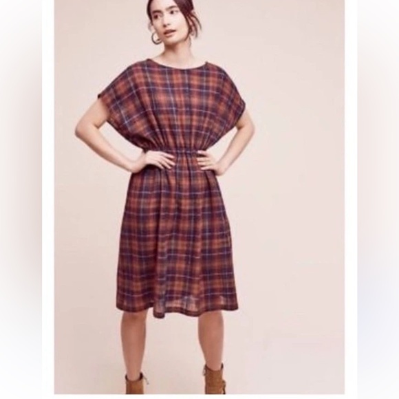 Anthropologie x Christine Alcalay Plaid Short Sleeve midi Dress L - Picture 3 of 10